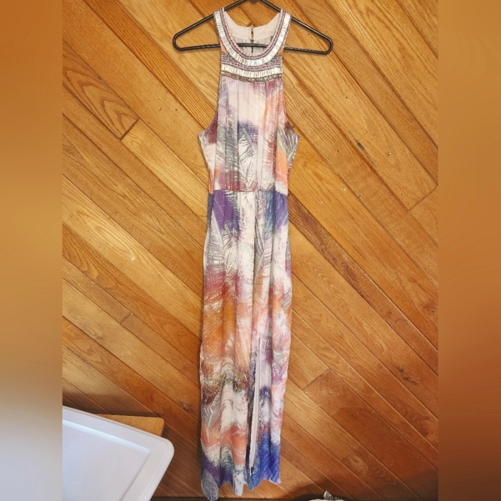 Charlie Jade beaded halter tropical Palm leaf maxi dress with slit size small